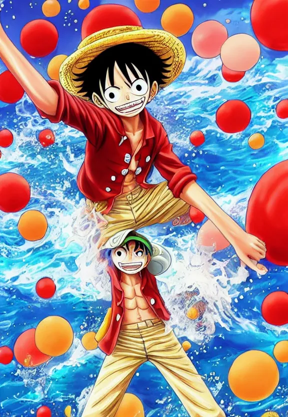 Image similar to Finn Wolfhard as Luffy from one piece!! Water particles!, background bokeh, Sakimichan, J.C. leyendecker, limited edition art, portrait!