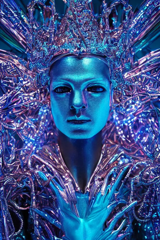 Image similar to hyper detailed ultra sharp portrait of baroque and bladerunner delicate neon diamond sculpture of seductive albino pharaoh, diamond blue sphinx iridescent humanoid deity wearing metallic hoody made out of hands holding the sun prismatic dungeon, glowing blue face, crown of white diamonds, cinematic lighting, photorealistic, octane render 8 k depth of field 3 d