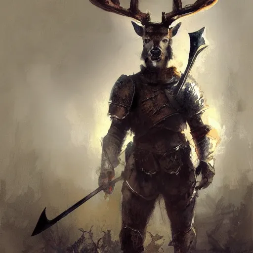 Prompt: portrait of a deer as a mighty warrior wearing silver armor, holding sword, by craig mullins, jeremy mann.