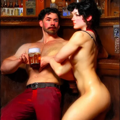 Image similar to attractive masculine mike, wearing pants, with dark red hair with attractive tyler with black hair, drinking their hearts out, in a pub, no shirt. very defined and highly detailed painting by gaston bussiere, j. c. leyendecker, craig mullins 8 k