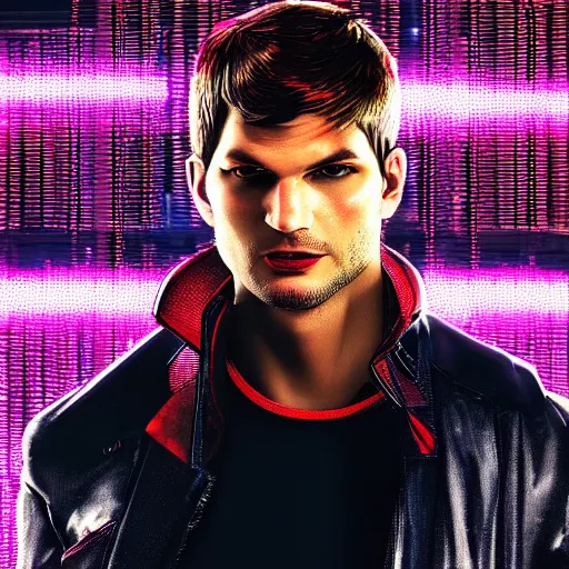 Image similar to ashton kutcher portrait, cyberpunk 2 0 7 7, cyberpunk, photorealistic, ultra detailed, neon, octane, bokeh, cinematic lighting, cyber, cyberpunk city, studio quality, feature, scars, cyberface, 8 k