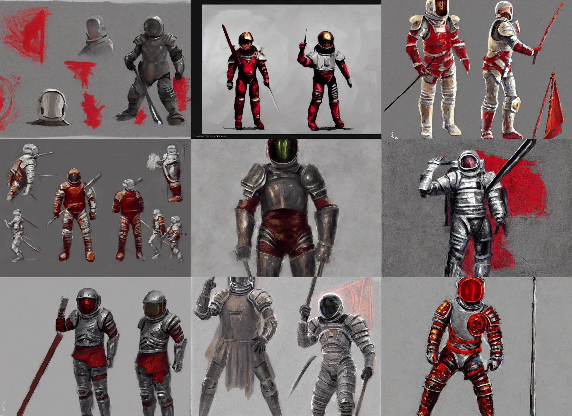 Prompt: astronaut!! gladiator!! with riot armor holding spear, lorica segmentum, tonalist, luminism, symbolist, poses, concept art, character sheet, chiaroscuro, grisaille, palette knife, heraldry, frenetic brushwork, stippling, shadows, luminous, sublime, payne's grey and venetian red