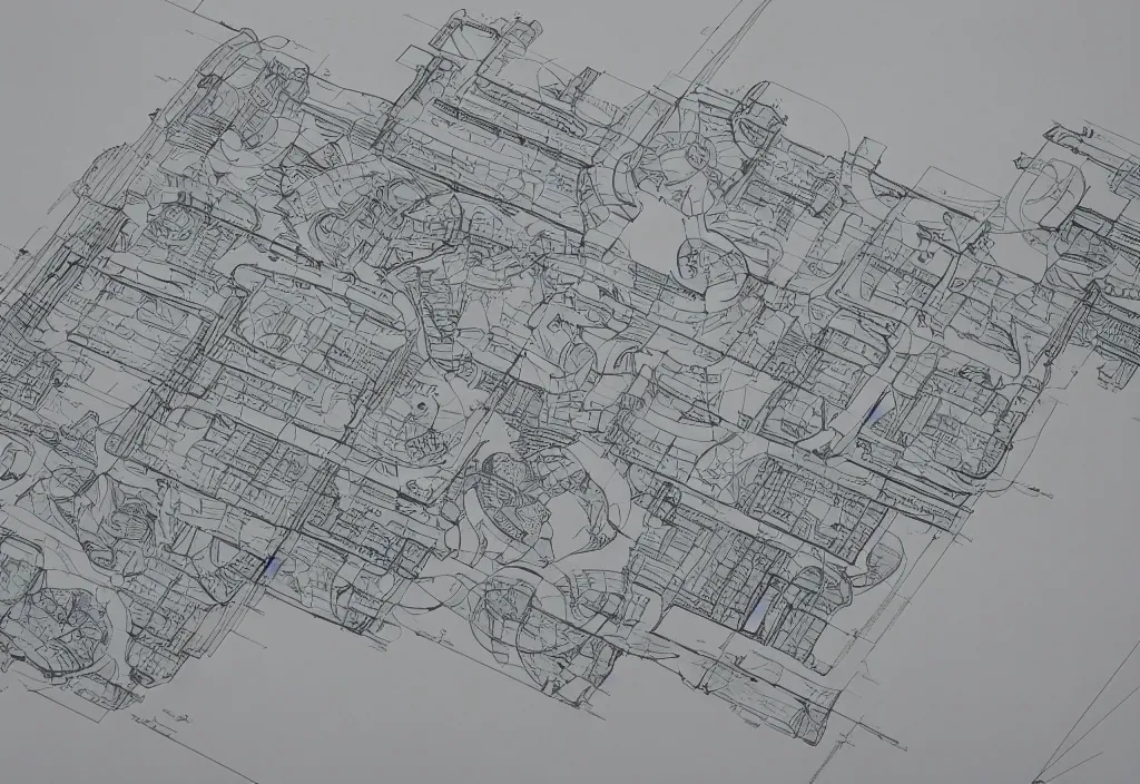 Image similar to An artwork made from layers of technical drawings and architectural plans