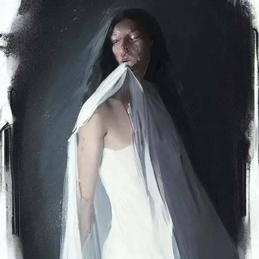 Image similar to A girl wearing a white dress and a black veil, hugging herself in a corner of a dark room hiding from demons by Greg Rutkowski, realism, trending on Artstation