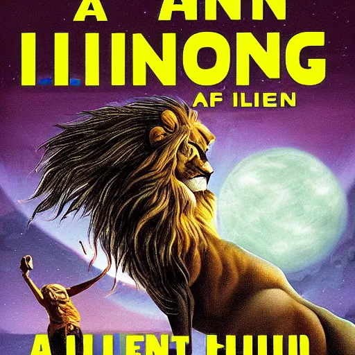 Prompt: a lion hunting an alien, book cover
