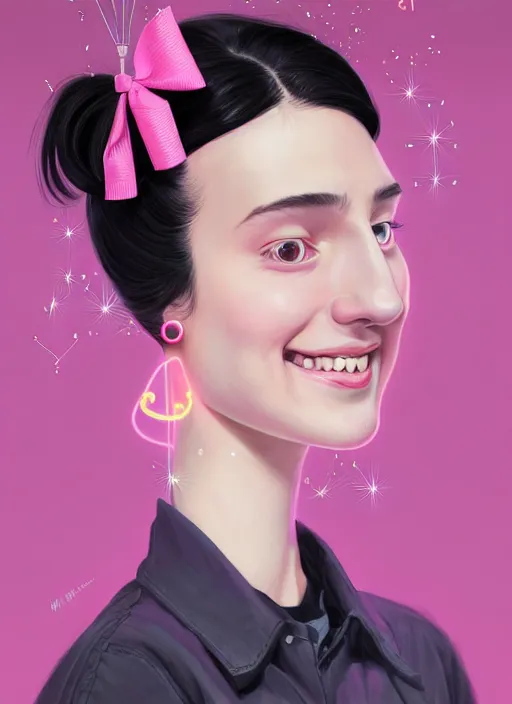 Image similar to portrait of high school girl, realistic, black hair, bangs, half updo hairstyle, pointy nose, skinny, smile, ugly, defined jawline, big chin, pink hair bow, earrings, intricate, elegant, glowing lights, highly detailed, digital painting, artstation, sharp focus, illustration, art by wlop, mars ravelo and greg rutkowski