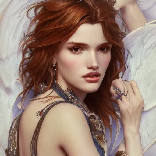 Image similar to ultra realistic illustration, bella thorne as tinder, intricate, elegant, highly detailed, digital painting, artstation, concept art, smooth, sharp focus, illustration, art by artgerm and greg rutkowski and alphonse mucha