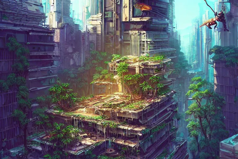 Image similar to a cyberpunk city in ruins, jungle plants overgrowing the streets and buildings, cats run through the ruins, drinking from pools of water and climbing on old fallen signs, by artgerm and amano and rutkowski and kincaid, trending on artstation