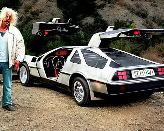 Prompt: doc brown and the delorean at the end of the world