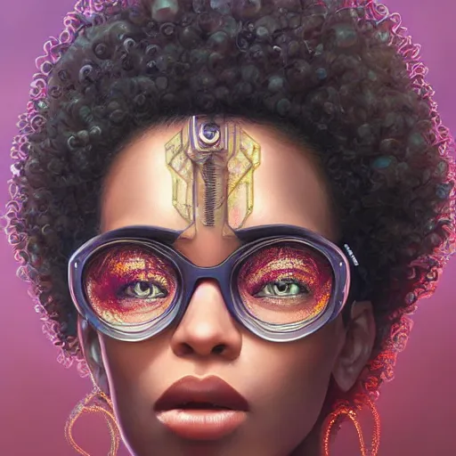 Prompt: ultra realistic illustration, portrait a mixed woman, with afro, wearing futuristic shades, intricate, elegant, highly detailed, digital painting, artstation, concept art, smooth, sharp focus, illustration, art by artgerm and greg rutkowski and alphonse mucha