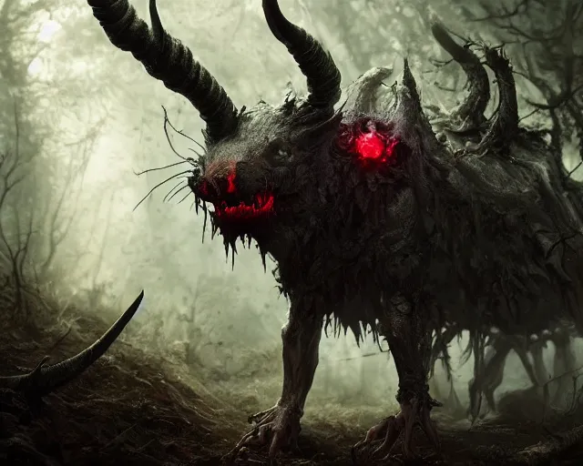 Image similar to 5 5 mm portrait photo of an armored demonic rat zombie with horns and red eyes, in a magical forest. magical atmosphere. art by greg rutkowski. highly detailed 8 k. intricate. lifelike. soft light. nikon d 8 5 0.