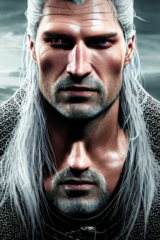 Prompt: the witcher, nikolaj coster - waldau face!!!, masterpiece portrait, white hair, highly detailed face, ultra realistic, concept art, intricate details, highly detailed, photorealistic, octane render, 8 k, unreal engine. horror film still, heavy grain, 3 5 mm, art by artgerm and greg rutkowski and alphonse mucha