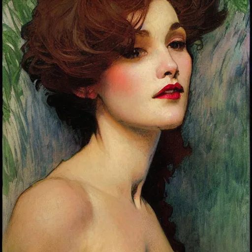 Image similar to photo portrait of a beautiful woman by gil elvgen, greg manchess, mucha