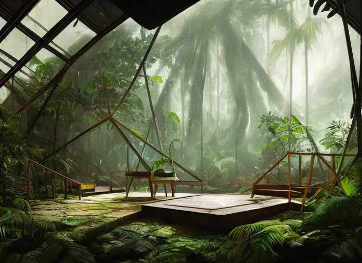 Image similar to a beautiful painting of the interior of a geodesic house in a moist tropical rainforest, living room, by greg rutkowski, realism, artstation, nature