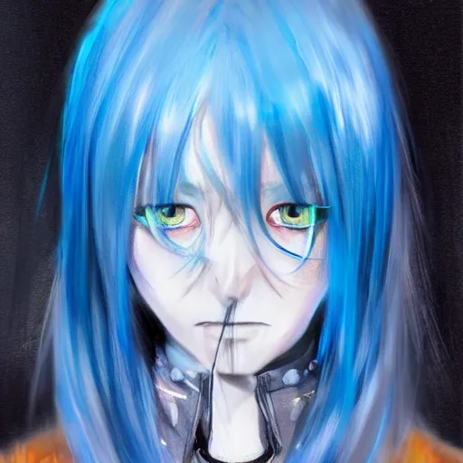 Image similar to full face shot of rimuru tempest, sky blue straight hair, long bangs, with amber eyes, wearing a fancy black jacket, high collar, ultra detailed, brush strokes, digital painting, cinematic, wlop artstation, closeup, pixiv, eerie, scary, intimidating glare, evil, yoshitaka amano, junji ito,