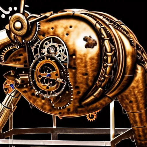 Prompt: a clockwork mechanical bull there are gears sticking out of the mechanical bull steam emanates from the steampunk bull and thick clouds of steam swirl around the clockwork bull, ultra high detail, high particle effects, highly reflective surface, realistic reflections