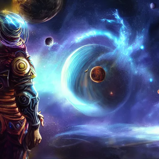 Image similar to photorealistic fantasy cosmic concept art of a cosmic god with armor made out of planets and dark matter, hovering in a unknown galaxy, fully body portrait, cinematic, dynamic lighting, ultra detailed, creative, trending on art station, stunning visuals, creative