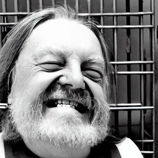 Prompt: laughing joyful robert wyatt sitting in his wheelchair locked in a small cell in prison, photograph, 4 k