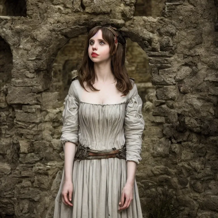 Prompt: portrait of felicity jones as a beautiful medieval maiden in a stone courtyard, confident pose, coherent, insane detail, concept art, character concept, cinematic lighting, global illumination radiating a glowing aura