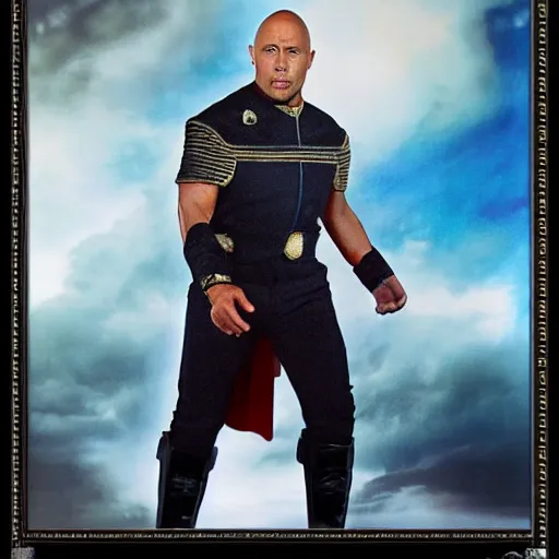 Image similar to a full body portrait of the rock as a klingon star fleet officer from star trek next generation dressed in full uniform, ultra rendered extreme realism and detail, 8 k, highly detailed, realistic, completely framed, hyper realistic, colorful, direct lighting, 3 5 mm photo, photorealistic, sharp focus