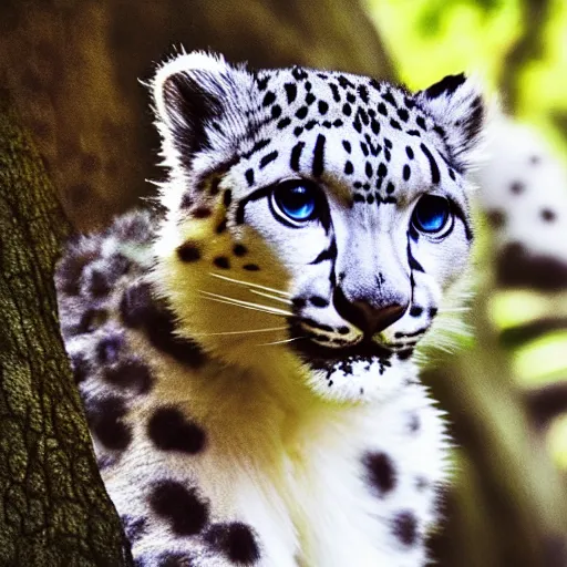 Prompt: very very very very very cute chibi snow leopard, portrait, pixar style, forest background, cinematic lighting, award winning creature portrait photography