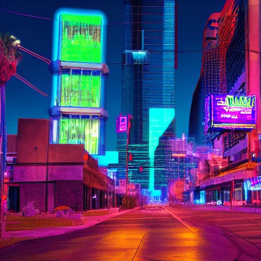 Image similar to cyberpunk photo of downtown Mesa Arizona, 2077, photorealistic, highly detailed, colorful, neon, night time, 4k