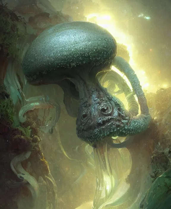 Image similar to portrait of a wet slimy alien fungus creature, adorable, childlike, milky way environment, ultra realistic, concept art, psychedelic, photorealistic, octane render, 8 k, unreal engine. art by christopher marley and artgerm and greg rutkowski and alphonse mucha