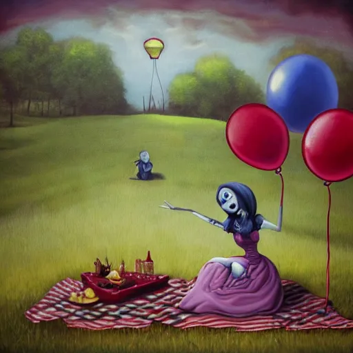 Image similar to grunge painting of a picnic with a wide smile and a red balloon by chris leib, loony toons style, pennywise style, corpse bride style, horror theme, detailed, elegant, intricate, conceptual, volumetric light