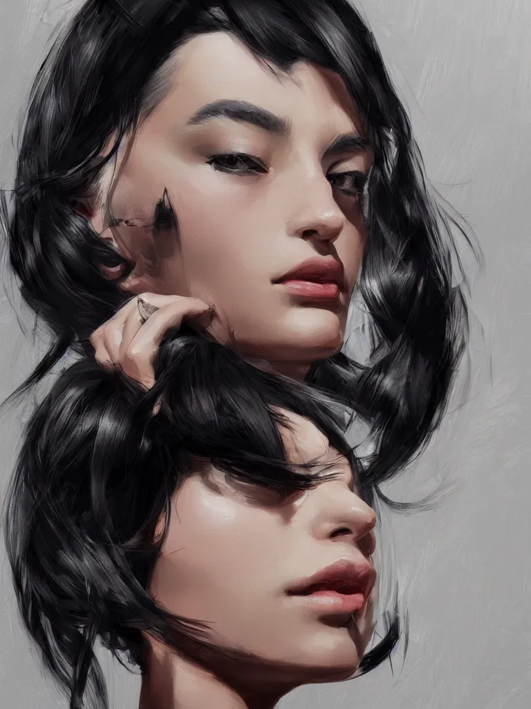 Image similar to portrait of a beautiful woman, black hair, attractive, casual, modern, highly detailed, digital painting, artstation, concept art, smooth, sharp focus, illustration, art by thomas saliot