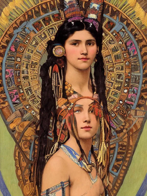 Prompt: an art nouveau painting of a pretty young native mayan woman dressed in a traditional, modest coat of beads and feathers and an elaborate headdress, in front of an aztec calendar, intricate, detailed, smooth, complex, elaborate, by alphonse mucha and james gurney and john william waterhouse