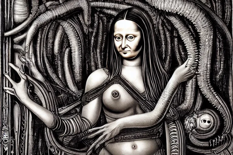 Prompt: monalisa in the style of h.r. giger, in the style of h.r. giger, in the style of h.r. giger, in the style of h.r. giger