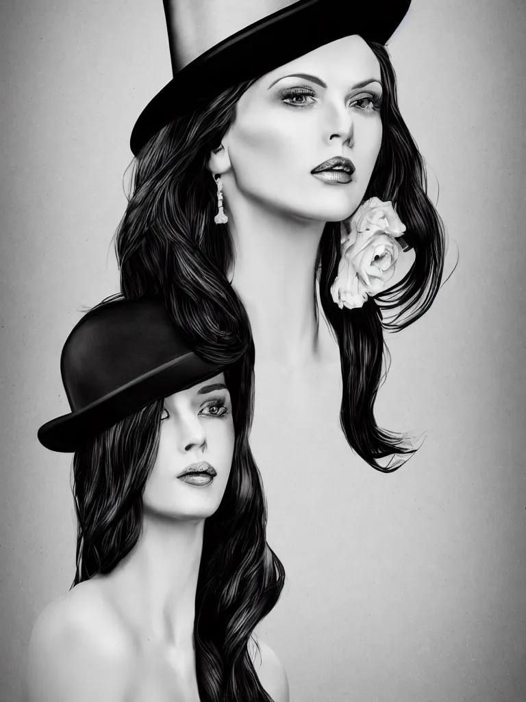 Prompt: elegant long hair lady wearing gentleman suit and tophat portrait photorealism noir