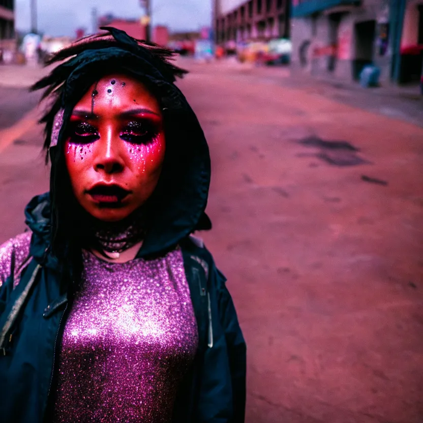 Image similar to Cinestill 50d candid photography of a city on fire, extreme wide shot of a poor techwear mixed woman wearing thick mascara and dark glitter makeup crying outside of a city on fire, tattoos, extreme long shot, full shot, blurry, 4k, 8k, hd, full color