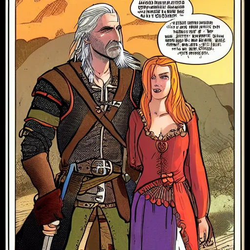 Prompt: an illustration detailed of Geralt of rivia marrying triss merigold in the style of moebius