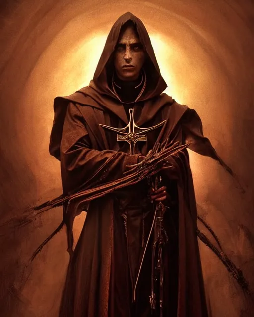 Image similar to portrait of an evil bishop, dark magic, beautiful face, young man, heroic pose, full body, dramatic lighting, dark and horror, dust and blood, intricate, wild, highly detailed, digital painting, artstation, concept art, smooth, sharp focus, illustration, art by artgerm and greg rutkowski and alphonse mucha, footage from space camera
