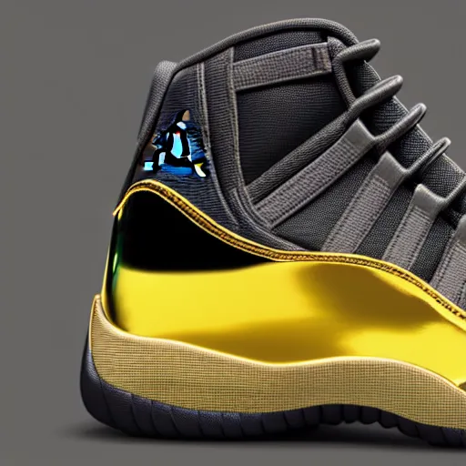 Image similar to jordan 1 1 sneakers. black and gold, bright, colorful, glossy, 3 d, arnold render, vray render, artstation, 4 k, very detailed, post processing