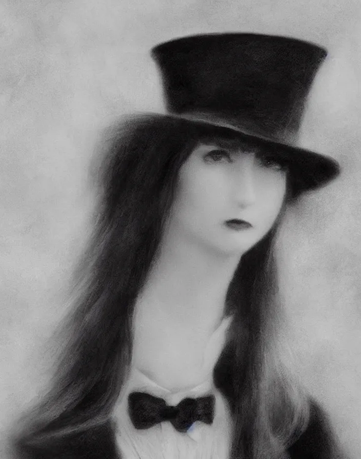 Prompt: Close up portrait of an elegant long haired lady wearing a gentleman suit and tophat in anime style, highly detailed, matte painting, noir, 70s, americana, photorealistic, ethereal ghostly atmosphere