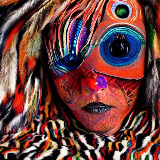 Image similar to a photography of a shamanic creature with big painted eyes and multiple layers of fabric and fur by charles freger