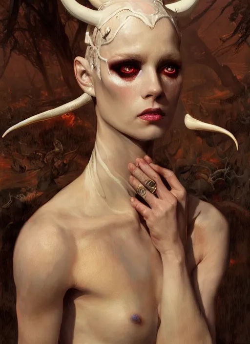 Prompt: half demon half human intricate skin ivory plastic, elegant, peaceful, full body, horns, hyper realistic, extremely detailed, dnd character art portrait, fantasy art, intricate fantasy painting, dramatic lighting, vivid colors, deviant art, artstation, by edgar maxence and caravaggio and michael whelan and delacroix.
