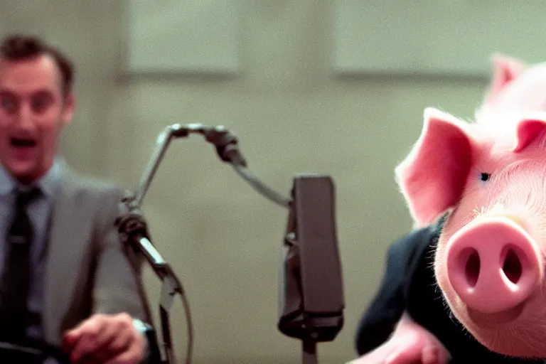 Image similar to movie scene closeup pig wearing a suit at a podium yelling. by emmanuel lubezki