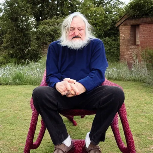 Image similar to robert wyatt sitting on a big spider - chair