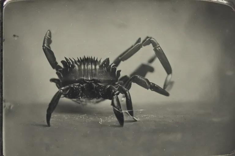 Prompt: a tintype photo of a crab goat hybrid