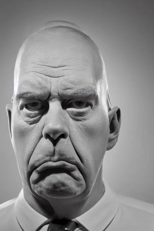 Image similar to extremely detailed studio portrait of man, 4 0 years, homer simpson lookalike, looks like a real life version of homer simpson, soft light, black background, fine skin details, award winning photo by yousuf karsh