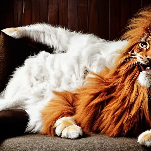 Image similar to ”huge orange maine coon cat biting the nose of a red bearded viking resting on a couch, [cinematic, photorealistic, dslr, portrait, photography, annie leibowitz]”