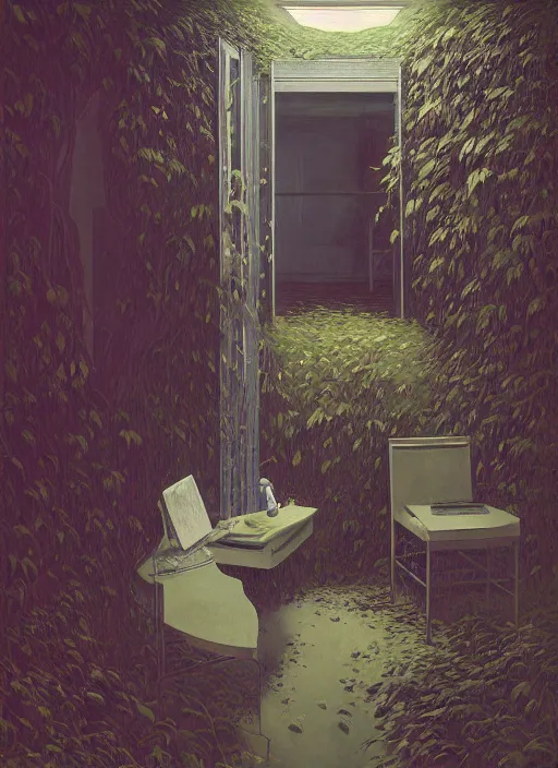 Image similar to time does not exist anymore by edward hopper and james gilleard, zdzislaw beksinski, overgrown vegetation, open ceiling, highly detailed, painted by francis bacon, painted by james gilleard, airbrush, ilya kuvshinov, wlop, stanley artgerm, very coherent, art by takato yamamoto and james jean