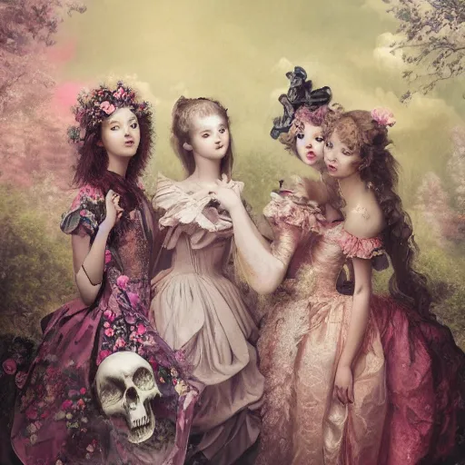 Image similar to 8k, octane render, realism, tonalism, renaissance, rococo, baroque, group of creepy young ladies wearing long harajuku manga dress with flowers and skulls, background chaotic flowers