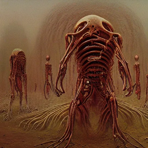 Image similar to organic cyborg alien skeleton alien centipede dark planet style of peter gric Lovecraftian zdzislaw beksinski surrealism poster art