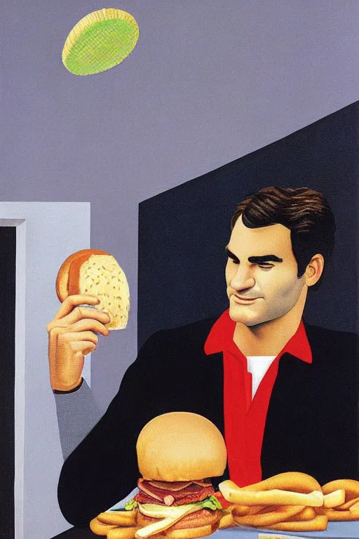 Prompt: roger federer eating a hamburger by rene magritte