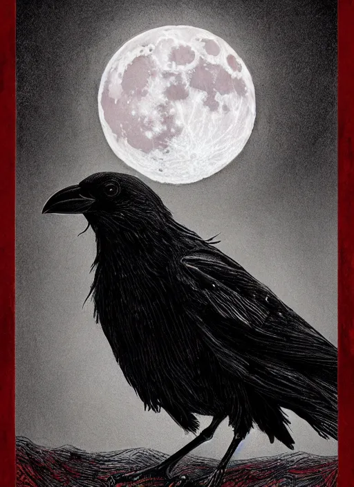 Image similar to portrait, A crow in front of the full big moon, book cover, red white and black colors, establishing shot, extremly high detail, foto realistic, cinematic lighting, pen and ink, intricate line drawings, by Yoshitaka Amano, Ruan Jia, Kentaro Miura, Artgerm, post processed, concept art, artstation, matte painting, style by eddie mendoza, raphael lacoste, alex ross