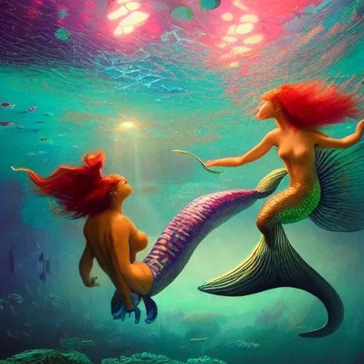 Prompt: a beautiful vivid colorful matte painting of mermaids dancing at an underwater discotheque by Grzegorz greg rutkowski and Tyler Edlin, with a disco ball, under the sea, ocean details, trending on ArtStation hq